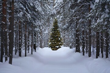 Fototapeta premium Christmas tree glowing in snowy forest winter wonderland holiday season festive spirit nature scene 96