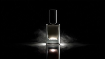 Sleek glass bottle stands on black mirror surface, illuminated by soft light, creating subtle fog effect around it. elegant design evokes sense of luxury and sophistication