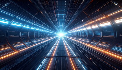 A futuristic tunnel, bathed in vibrant blue and orange neon lights, extends into a radiant white center, showcasing sleek metallic structures and a sense of infinite space.
