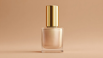 Soft, warm beige nail polish bottle with polished gold cap stands elegantly against neutral background, showcasing its high fidelity color and sleek design