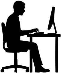 Silhouette of Man Working on Computer at Office Desk | Work from Home Vector