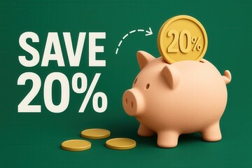 SAVE 20% discount offer with a piggy bank and gold coin, modern playful style, appealing retail promotion design.