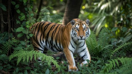 Majestic bengal tiger stares intently forward amidst lush green jungle foliage