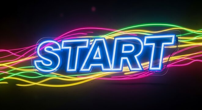 Neon Start Sign with Abstract Waves.
