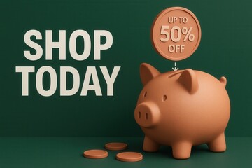 SHOP TODAY with UP TO 50% OFF discount offer, modern style, vibrant retail sale promotion.