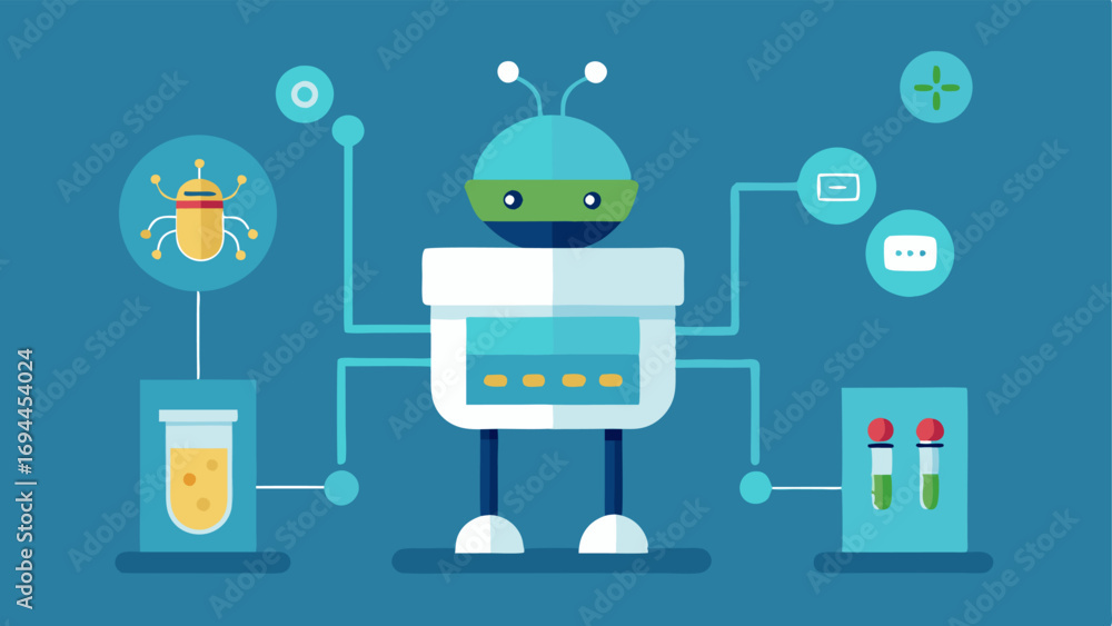 Poster Data Collection A nanobot collecting biological samples and storing them in a compartment with detailed icons signifying data gathering processes.