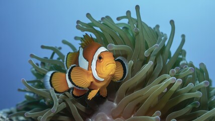 Vibrant clownfish nestles safely within the tentacles of a lush green sea anemone