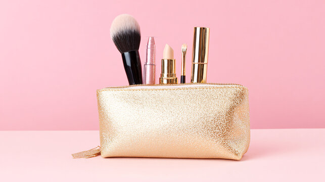 Elegant cosmetic bag opened on a pink background, showcasing beauty products inside.