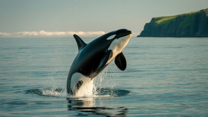 Majestic orca whale leaps from ocean waters near rugged coastal cliffs at sunrise