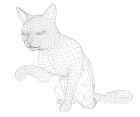 Black and white wireframe cat composed of geometric shapes and lines on a clean white background.