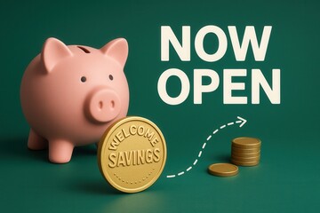Savings promotion with NOW OPEN and WELCOME SAVINGS text, modern style, attractive retail discount offer.