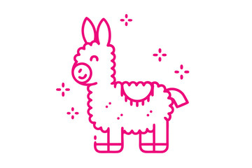 Smiling pink llama outline illustration with twinkling starbursts radiates joy on a white backdrop