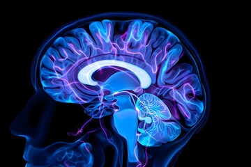 Human brain anatomy in vibrant blue and purple showing neural pathways and brain structure detail