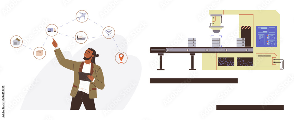 Poster engineer using tablet and pointing at connected iot devices linked to smart manufacturing. conveyor 