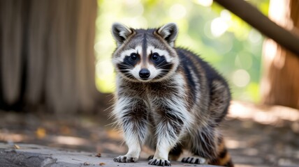 A curious raccoon stands alertly in a sunlit forest environment looking directly forward