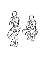 Squat leg muscle male dumbbell gym sport training line art, hand drawn, sketch illustration