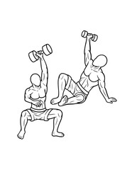 muscle male dumbbell gym sport training line art, hand drawn, sketch illustration