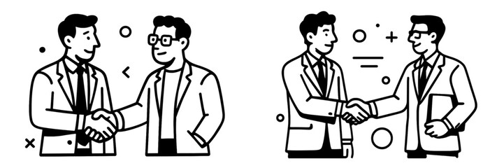 Fototapeta premium Minimalist black and white line art of two businessmen shaking hands representing a successful partnership or agreement