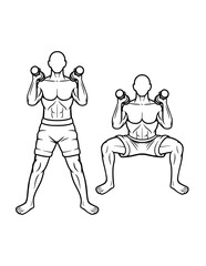 Squat muscle male dumbbell gym sport training line art, hand drawn, sketch illustration