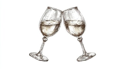 Engraving sketch of two wine glasses clinking together in elegant toast celebration design