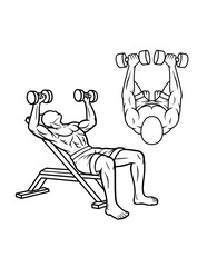muscle male dumbbell gym sport training line art, hand drawn, sketch illustration