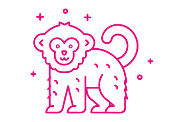 Smiling pink monkey outlined simply standing amid crosses and circles on a stark white backdrop