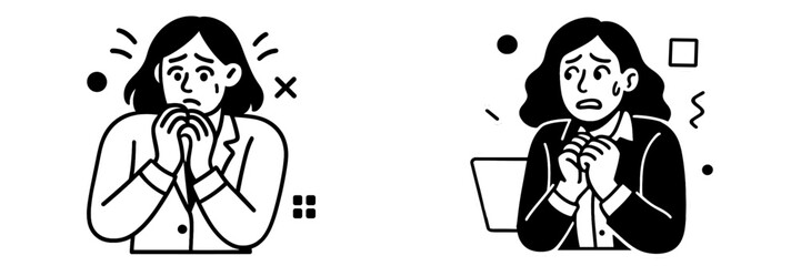 Black and white icon set of an anxious businesswoman feeling stressed and worried with a panic attack expression