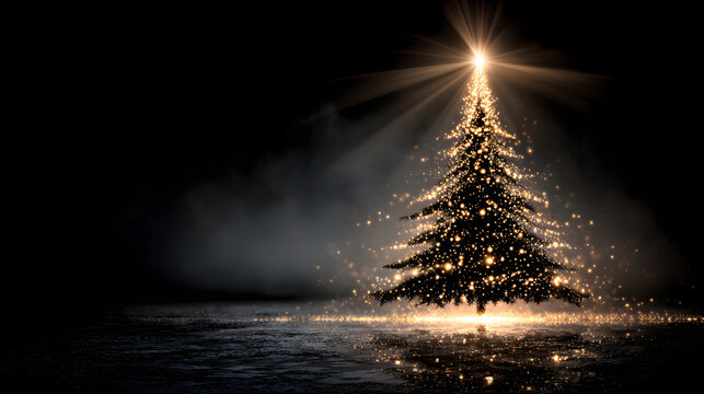 A sparkling golden Christms tree adorned with a star radiating warmth and magi against a sleek black bacground - Powered by Adobe