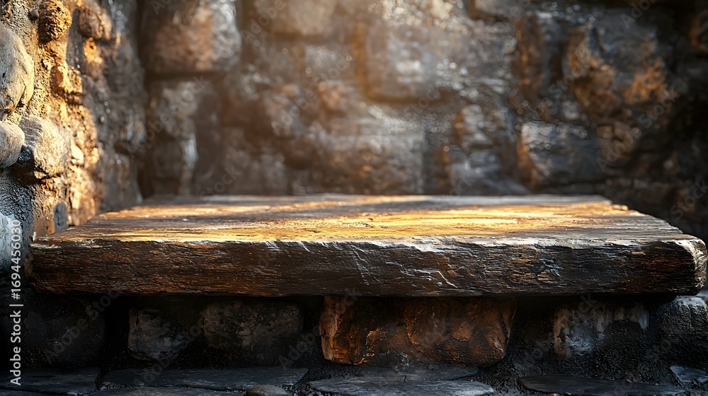 Poster a rustic stone shelf with a textured stone wall background illuminated by warm light offering a disp