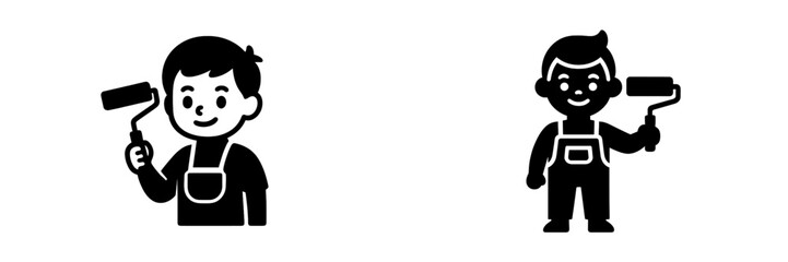Painter icon set with a man holding a paint roller for home improvement and renovation projects, black and white glyph symbol