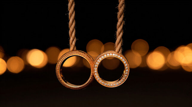 Golden wedding rings suspended on a delicate rope, showcasing metallic reflections against a dark background.
