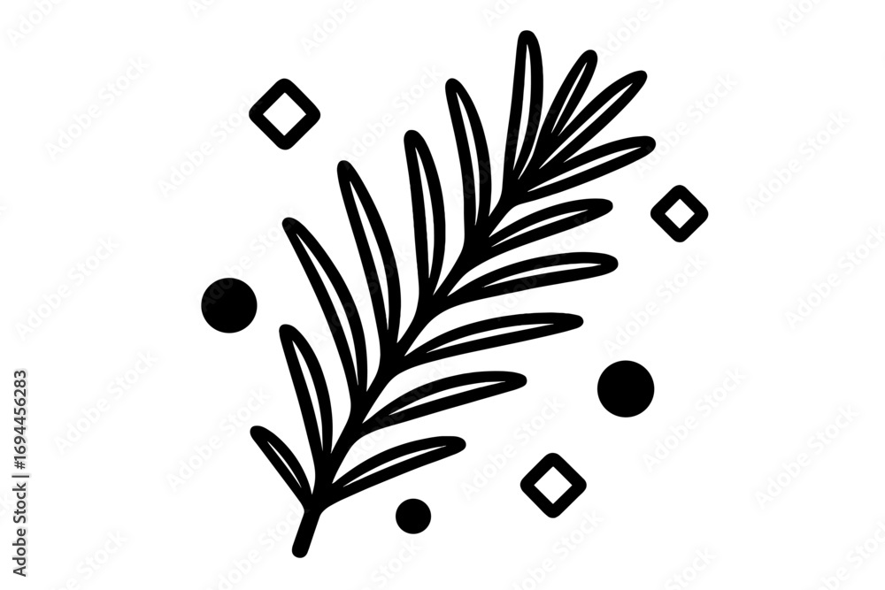 Aufkleber minimalist black and white line art of a botanical branch with leaves surrounded by abstract geometr