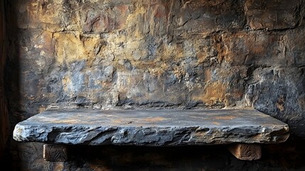 Rustic stone shelf and textured wall backdrop in an ancient earthy interior