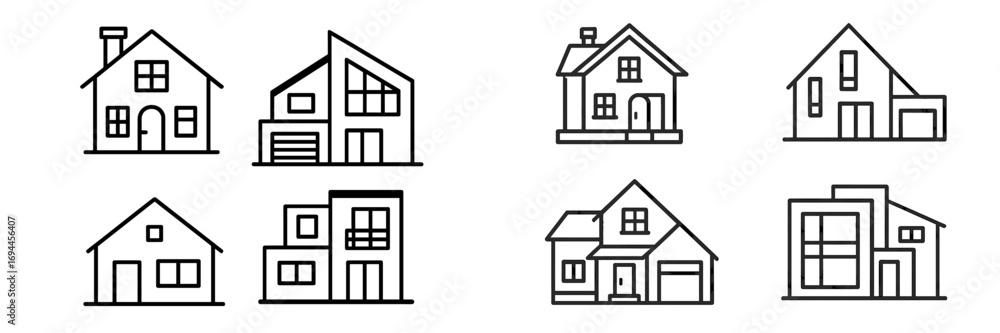 Poster set of house icons in a simple line art style for real estate and architecture concepts isolated on 