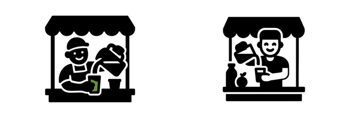 Fototapeta premium Street vendor pouring juice at a market stall icon set, black and white glyph symbol for small business and fresh drinks