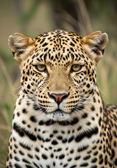 Obraz premium Close-up of a leopard with piercing gaze and rosette-patterned fur.