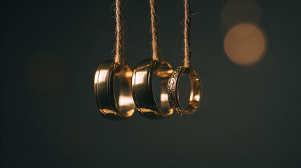 Golden wedding rings suspended on a delicate rope, showcasing metallic reflections against a dark background.