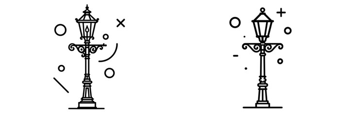 Obraz premium Set of two vintage street lamp icons in a minimalist line art style with abstract geometric elements on a white background