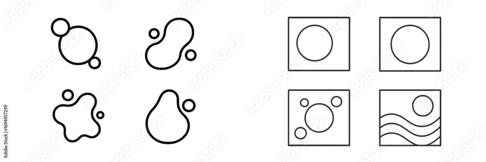 Poster collection of minimalist black line icons with abstract organic fluid shapes and simple geometric co