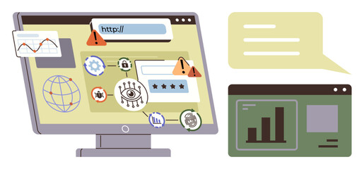 Computer screen with warning alerts, search bar, security icons, charts, and speech bubble. Ideal for cybersecurity, data protection, online threats, web analysis software review privacy concerns