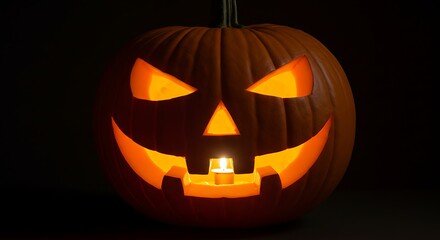 Naklejka premium A single jack o lantern with a candle inside on a black background for halloween celebration event