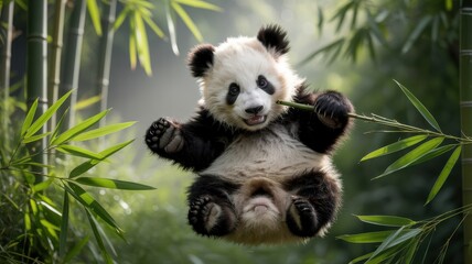 Adorable baby giant panda cub playfully swings from bamboo in its natural forest habitat
