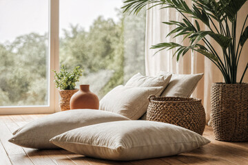 Natural luxury lounge detail shot with linen textures, terracotta decor, wooden flooring, and greenery