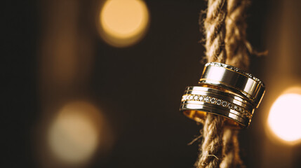 Golden wedding rings suspended on a delicate rope, showcasing metallic reflections against a dark background.