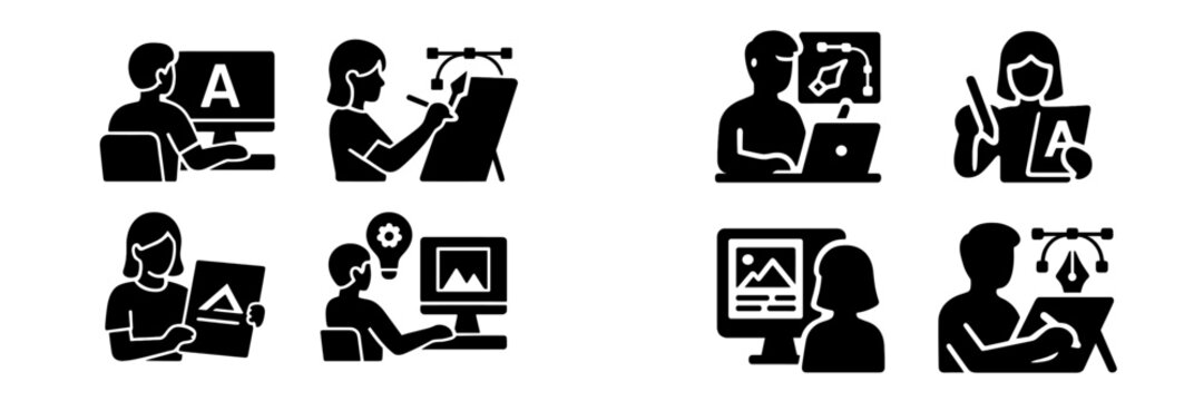 Graphic designer and digital artist icons for creative professions like typography, web design, and logo creation