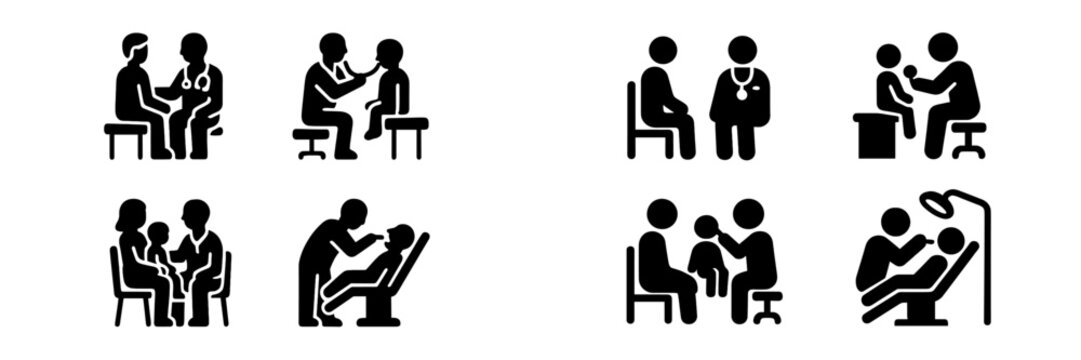 Healthcare icon set with glyphs of medical and dental examinations featuring a doctor, patient, pediatrician, and dentist