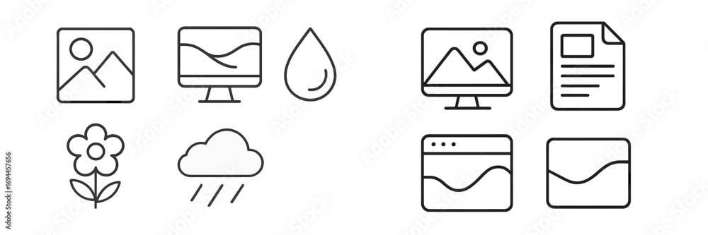 Poster set of thin line icons for user interface design including picture, computer, document, flower, and 