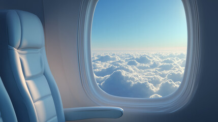 Close-up side view of an empty airplane seat by the window, looking out a sky filled with numerous clouds.