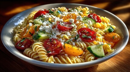 Close up of colorful pasta salad with fusilli noodles cherry tomatoes cucumbers and feta cheese served in white ceramic bowl warm kitchen lighting healthy lunch theme