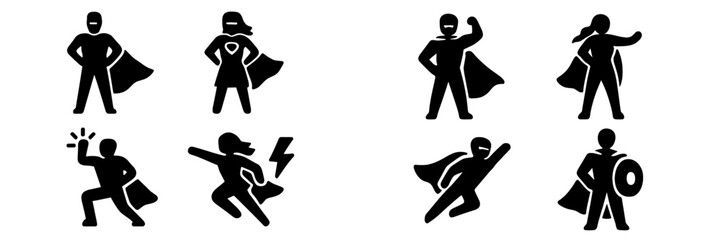 Superhero icon set with male and female characters in various action poses like flying, standing strong, and using powers, black silhouettes isolated on a white background